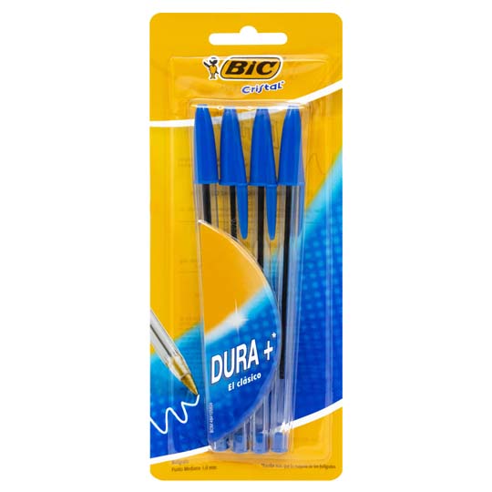 Bolígrafo BIC azul punto mediano 1.0 mm blíster con 4 piezas