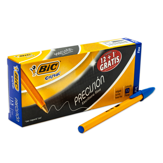 Bolígrafo BIC cristal azul punto fino 0.8 mm caja con 12 piezas