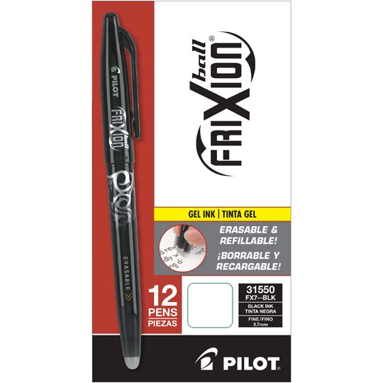 Bolígrafo fino Frixion Ball Pilot tinta gel borrable, color negro, caja c/12
