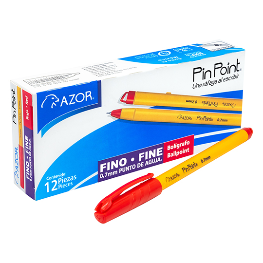 Bolígrafo fino Pin Point 0.7 mm color rojo cuerpo amarillo caja con 12 pzas
