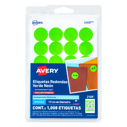 Etiqueta redonda removible verde neon AVERY con tecnología laser/inkjet