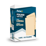 Folder manila económico Fortec, oficio, color crema, ceja 1/2, caja con 100 pzas