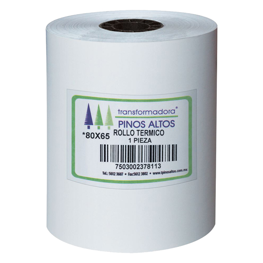 Rollo de papel térmico Pinos Altos 80 x 65 mm caja con 50 rollos a granel
