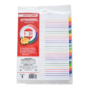 Separadores Dietrix tamaño carta del 1 al 31 pestañas de color impreso el numero