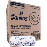 Toalla interdoblada Sanitas con 100 hjs,caja c/ 20 paq.